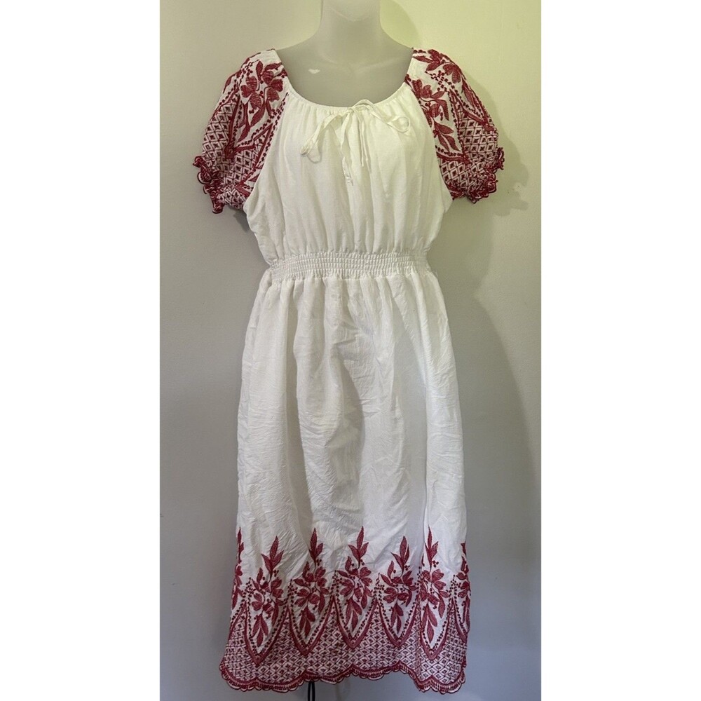 Anthropologie Kindred Boho White Red Embroidered Festival Smocked Midi Dress XL